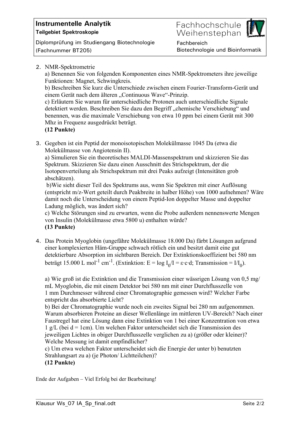 Originalseite der Altklausur mit der Myoglobin-Aufgabe