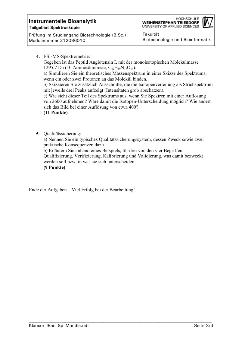 Originalseite aus der Schrader Musterprüfung mit ESI-MS-Aufgabe zu Angiotensin I